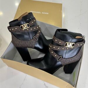 Michael Kors Black and Brown Heeled Kincaid Ankle Boots